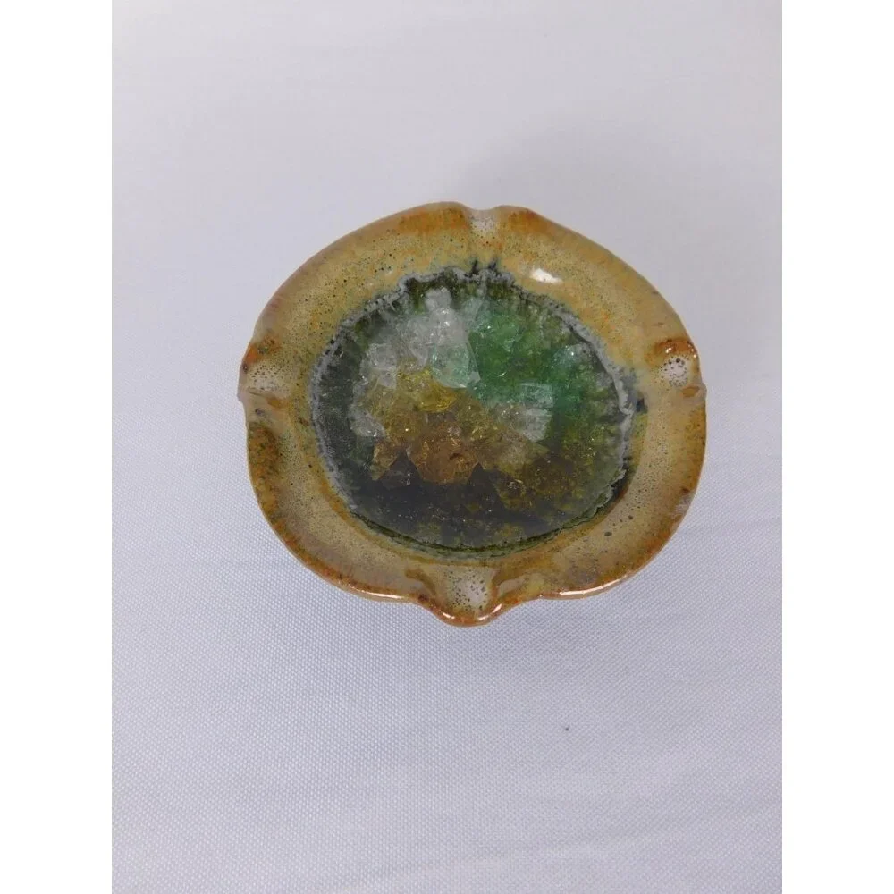 Vintage Crushed Glass Ceramic Ashtray Brown Green Multicolor Pottery Retro Decor